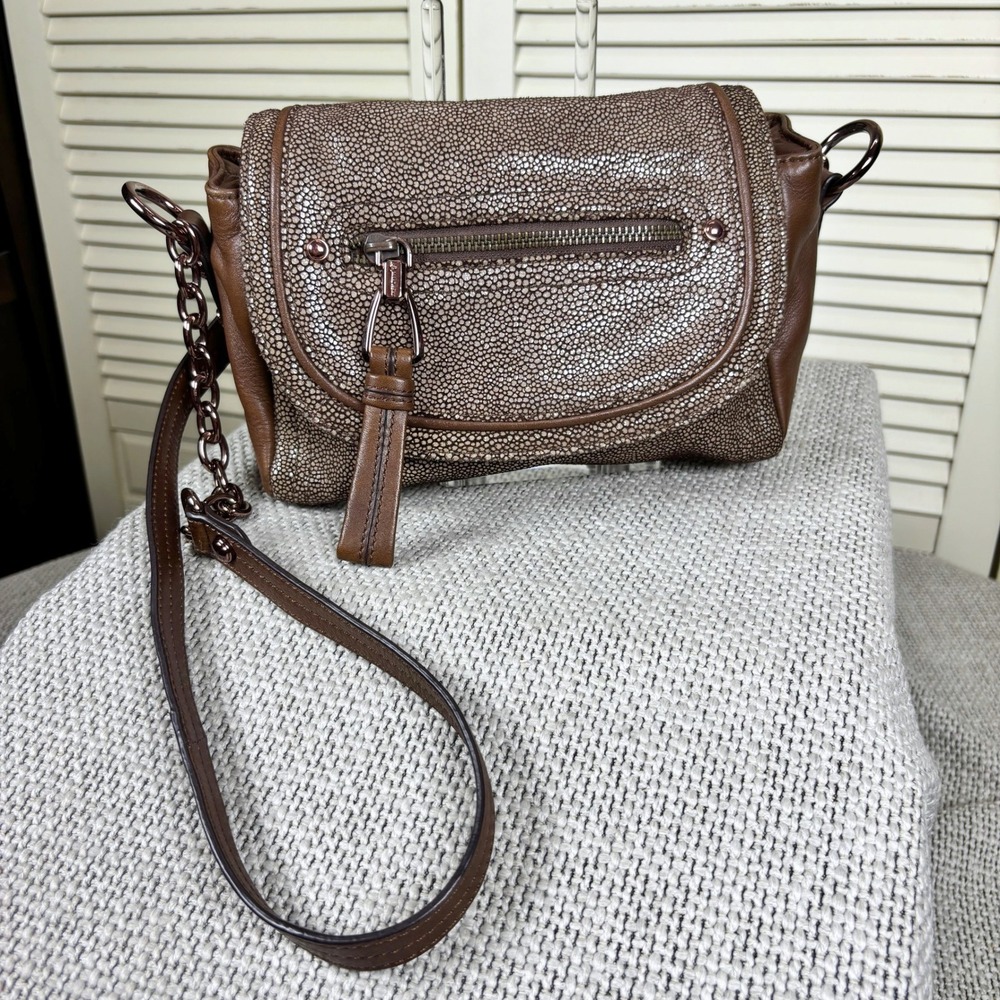 B. Makowsky Luxe Y2K Brown Stingray Embossed Leather Crossbody Bag Chain Purse - Picture 2 of 7